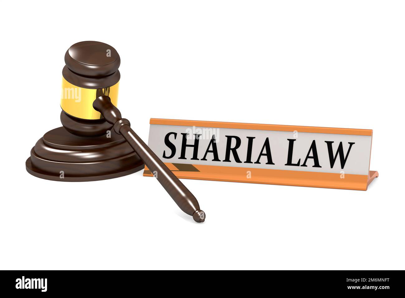 Mazo de juez de madera y bandera de la ley sharia Foto de stock