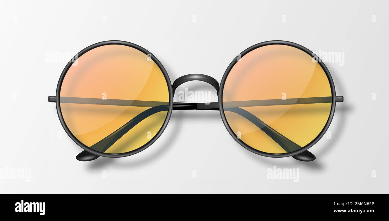 Vector 3D realista marco redondo gafas icono aislado. Marco negro. Gafas de sol naranja transparente para mujeres y hombres, accesorio. Óptica, lente, vintage Ilustración del Vector