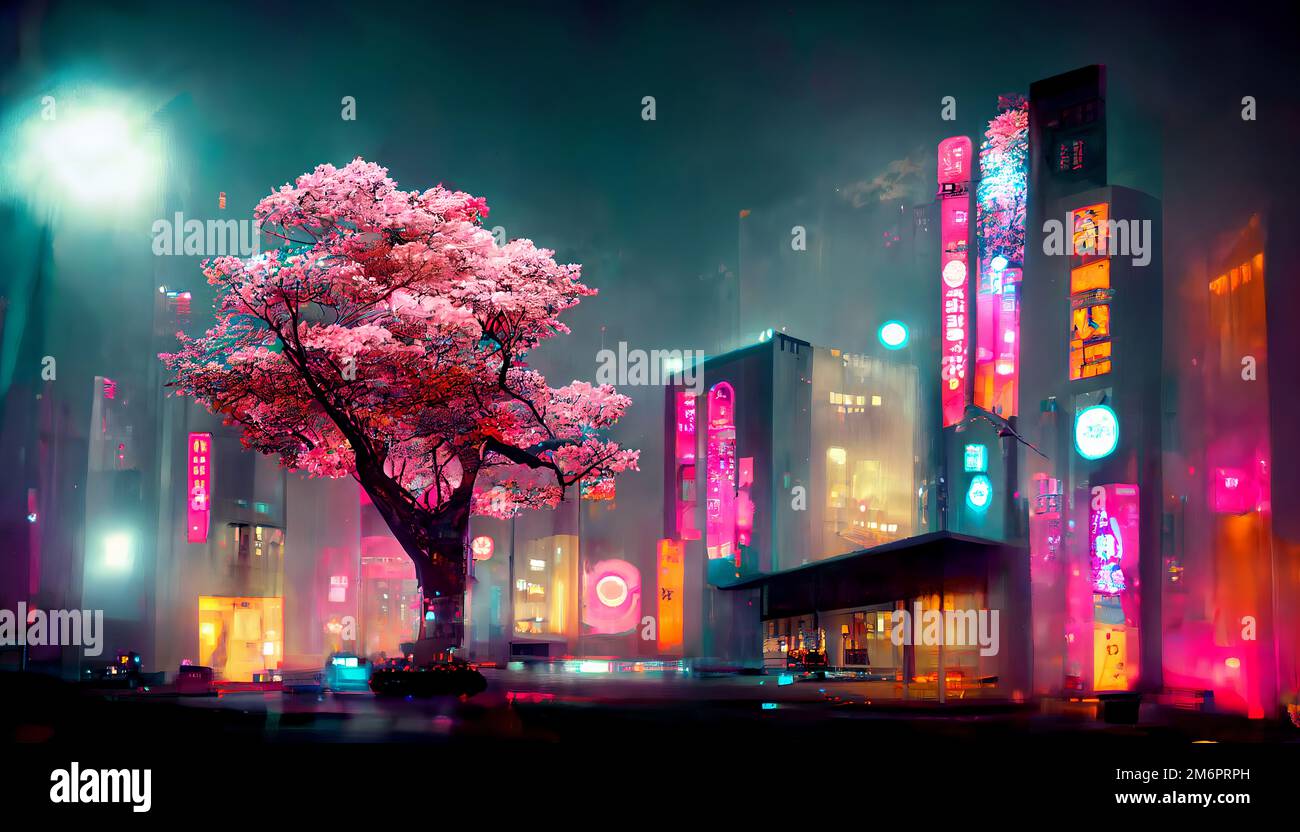 Paisaje urbano japonés de la ciudad de la vista de la noche de la fantasía, luz rosa de neón, edificios residenciales, gran árbol de sakura. Noche urbana anime fantasía ba Fotografía de Paisaje urbano japonés de la ciudad de la vista de la noche de la fantasía, luz rosa de neón, edificios residenciales, gran árbol de sakura. Noche urbana anime fantasía ba Fotografía de