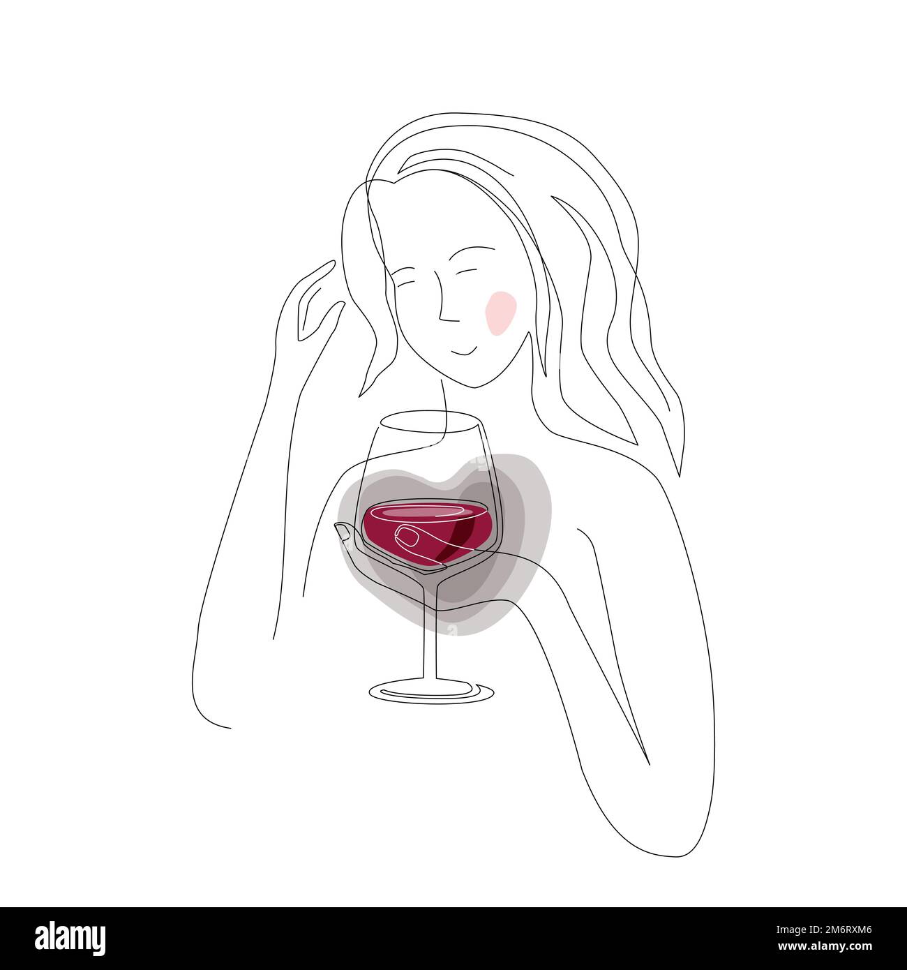 Mujer joven en depresión sintiéndose feliz después de beber vino, ilustración vectorial de línea