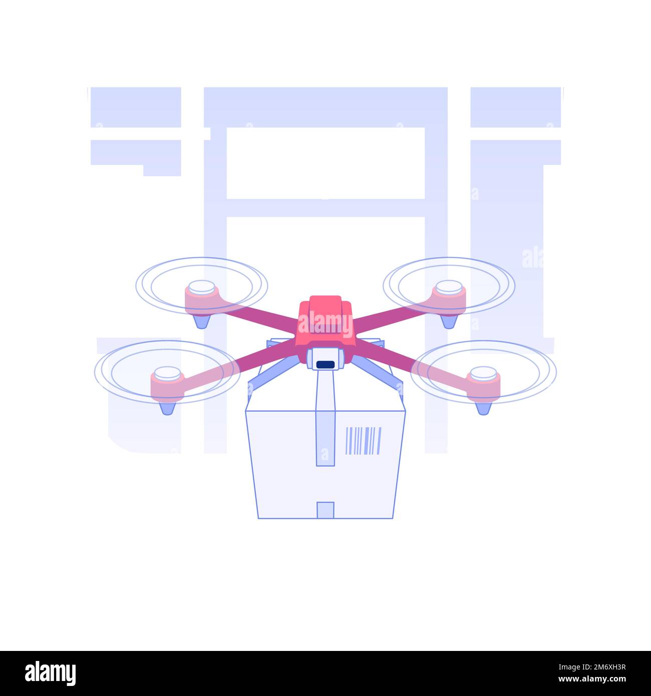 Ilustración vectorial del concepto aislado con drone. Vehículo aéreo guiado en fábrica, comercio al por mayor y almacenamiento, comercio exterior, dron guiada automatizada Ilustración del Vector