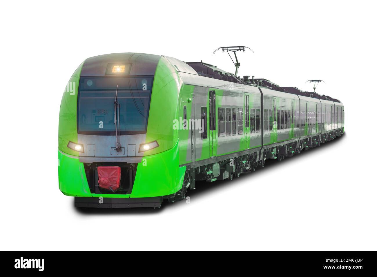 Composición de tren largo de tren verde eléctrico de la ciudad de vagones, aislado sobre fondo blanco Foto de stock