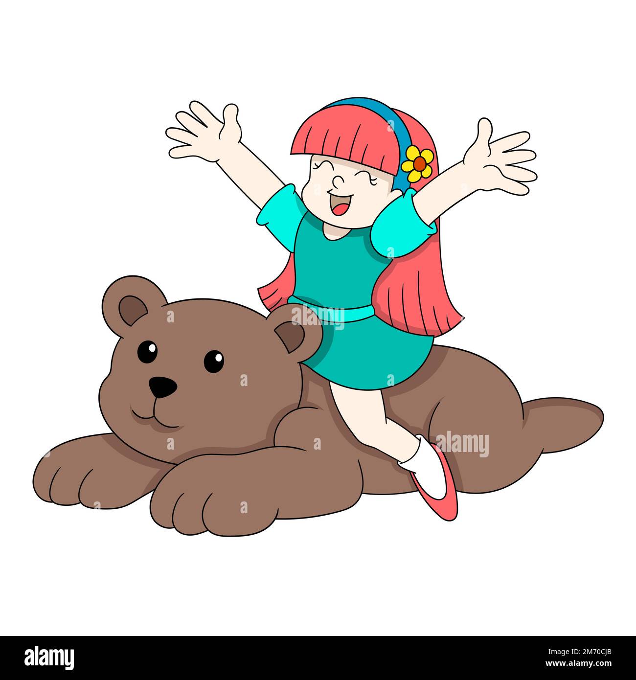 una chica está jugando en un mundo de fantasía montando un oso de peluche. vector diseño ilustración arte Ilustración del Vector