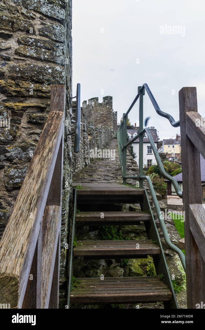Conwy Town Walls, escalones en la parte superior de las paredes. Parte del Patrimonio de la Humanidad de la UNESCO, Gales, Reino Unido, retrato Foto de stock