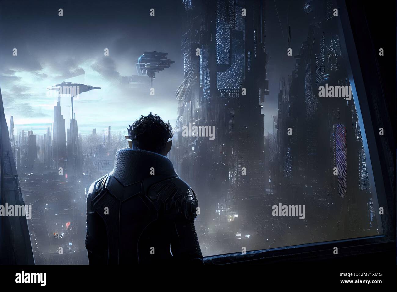 El hombre con traje cibernético mira por la ventana a la ciudad futurista por la noche, IA generativa. Escena urbana oscura con edificios de fantasía. Concepto de futuro, MET Foto de stock