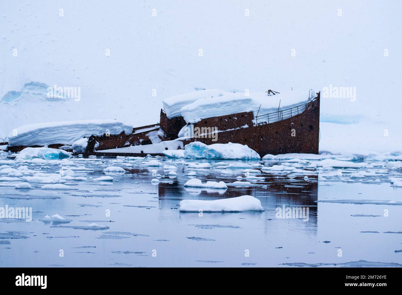 Un barco ballenero de metal se hundió en el agua helada alrededor de la Antártida, Foyn Harbor. Foto de stock