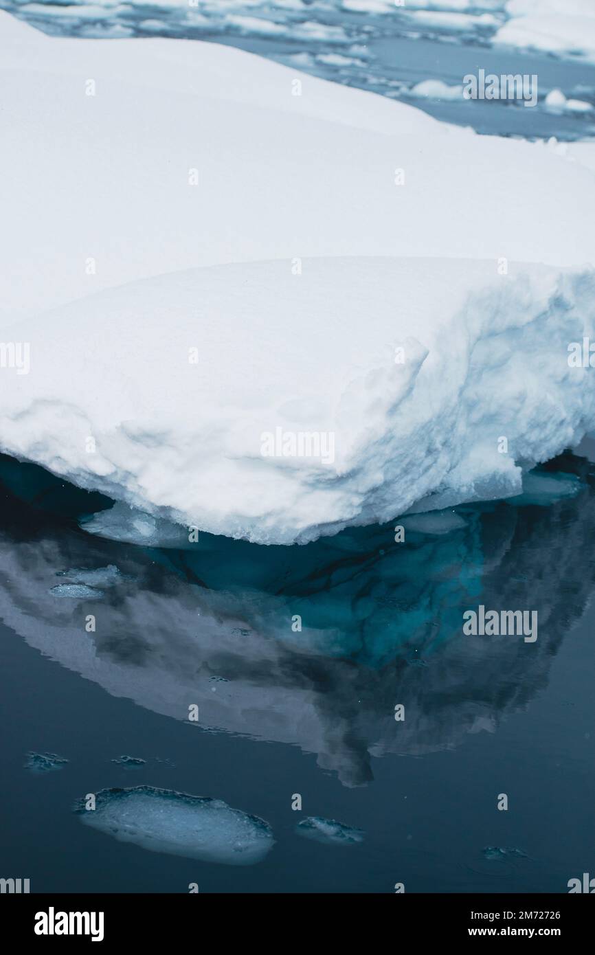 Grandes icebergs flotan en las aguas tranquilas de la Antártida, con hielo glaciar azul y capas de nieve. Foto de stock