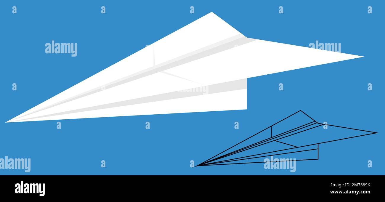 Plano de papel, plano de papel plegado, origami, avión, cometa, juguete de los niños, ilustración de papel plano, papel blanco, cielo azul, contornos, dibujo minimalista Foto de stock