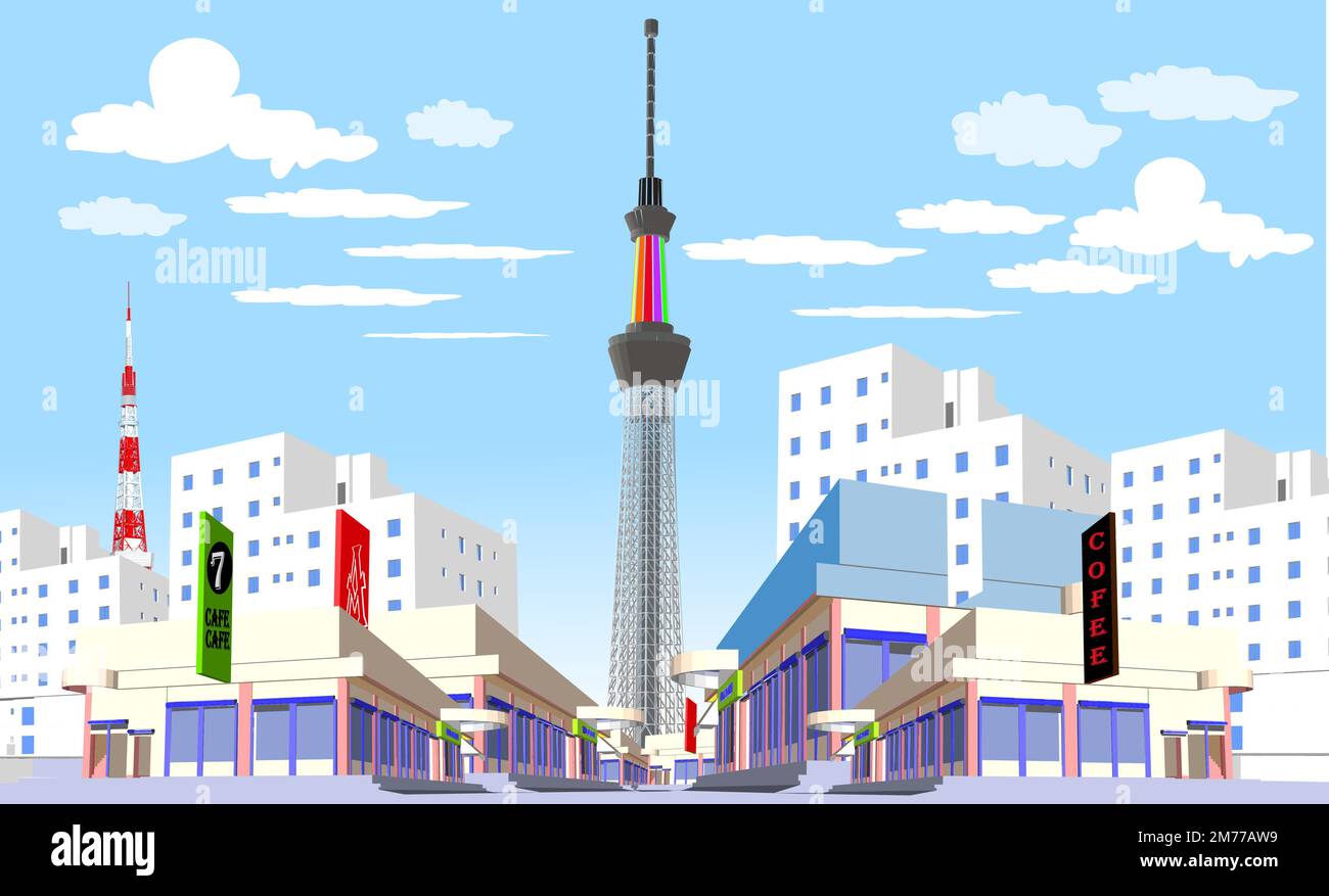 Vista de la ciudad de Tokio al atardecer o de noche con la torre de Tokio y Tokyo skytree, monte Fuji y puesta de sol en el fondo, ilustración vectorial de paisaje Ilustración del Vector