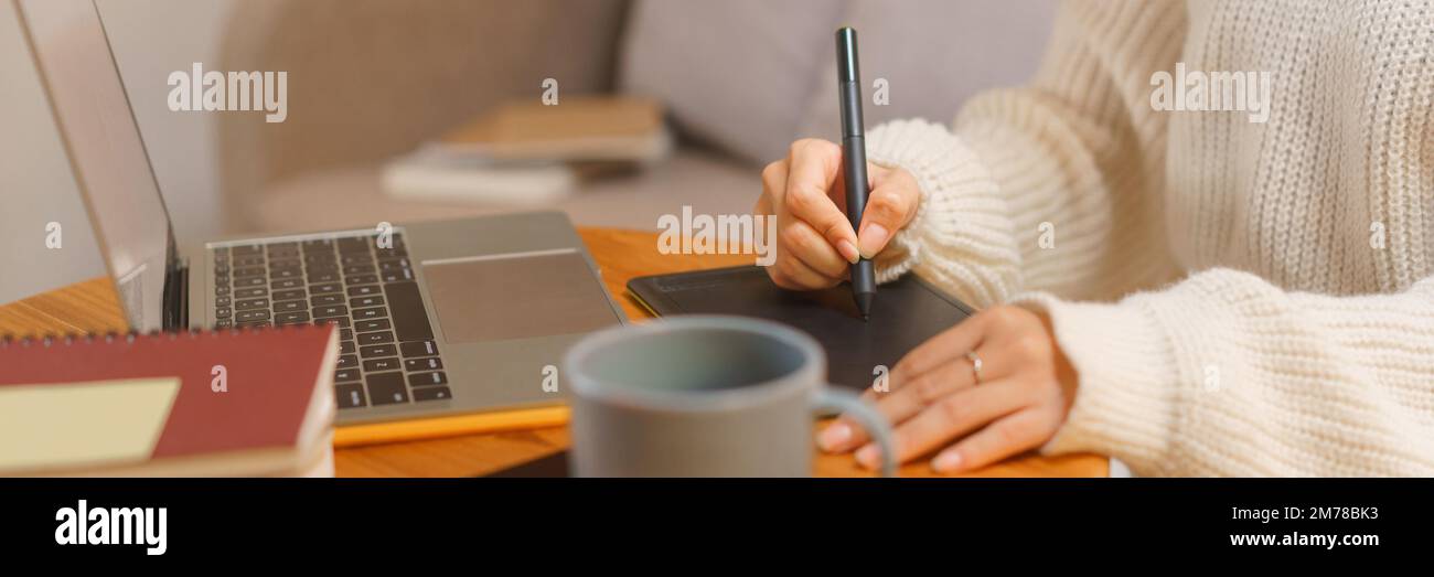 Concepto de la temporada de invierno, mujer joven que dibuja en la tableta digital y que trabaja en el ordenador portátil en la noche tarde. Foto de stock