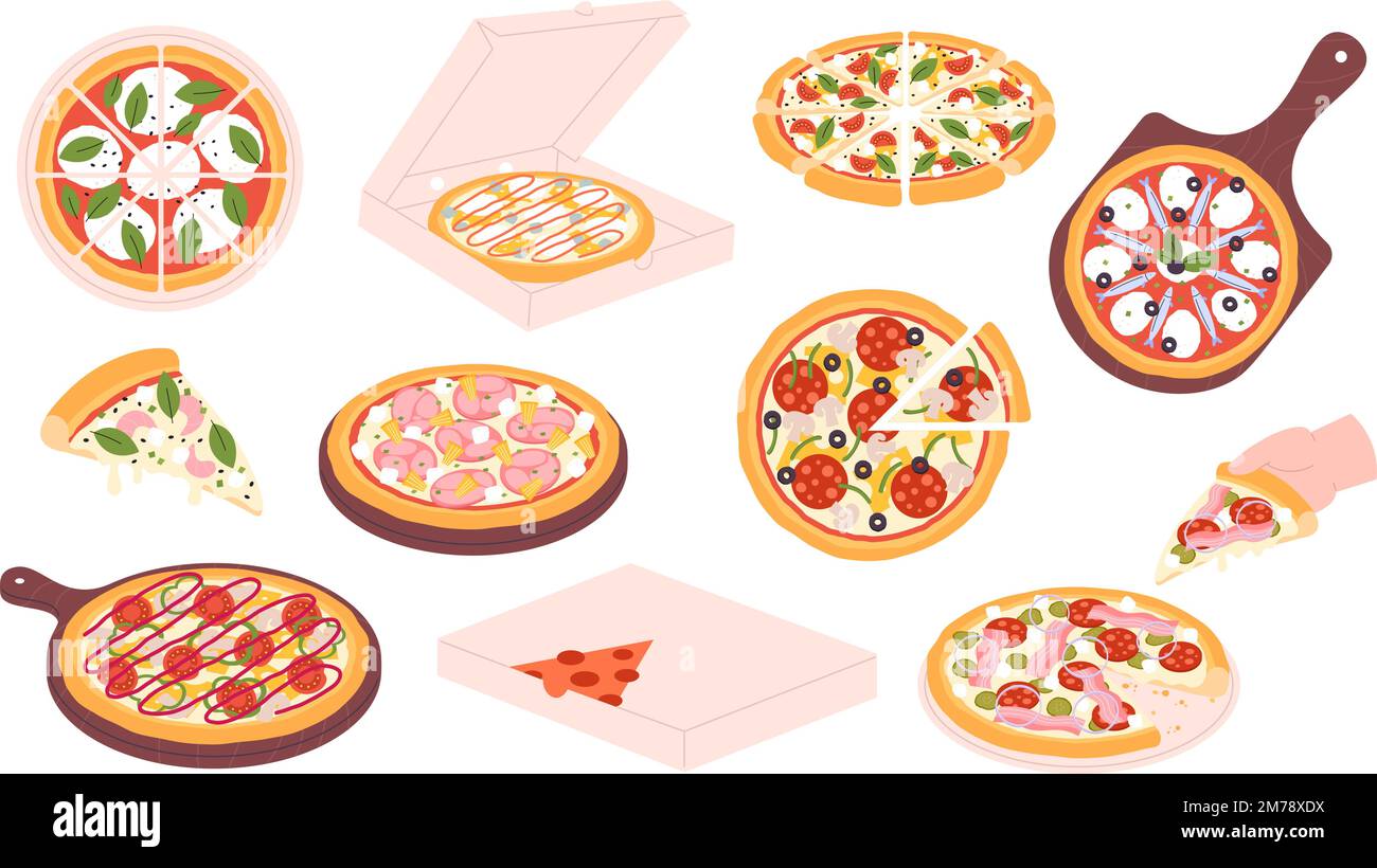 Set de pizza aislada, Pizzas margherita rebanada con queso. Elementos de pizzería italiana. Llevar pizza en caja de cartón, comida rápida racy vector clipart Ilustración del Vector