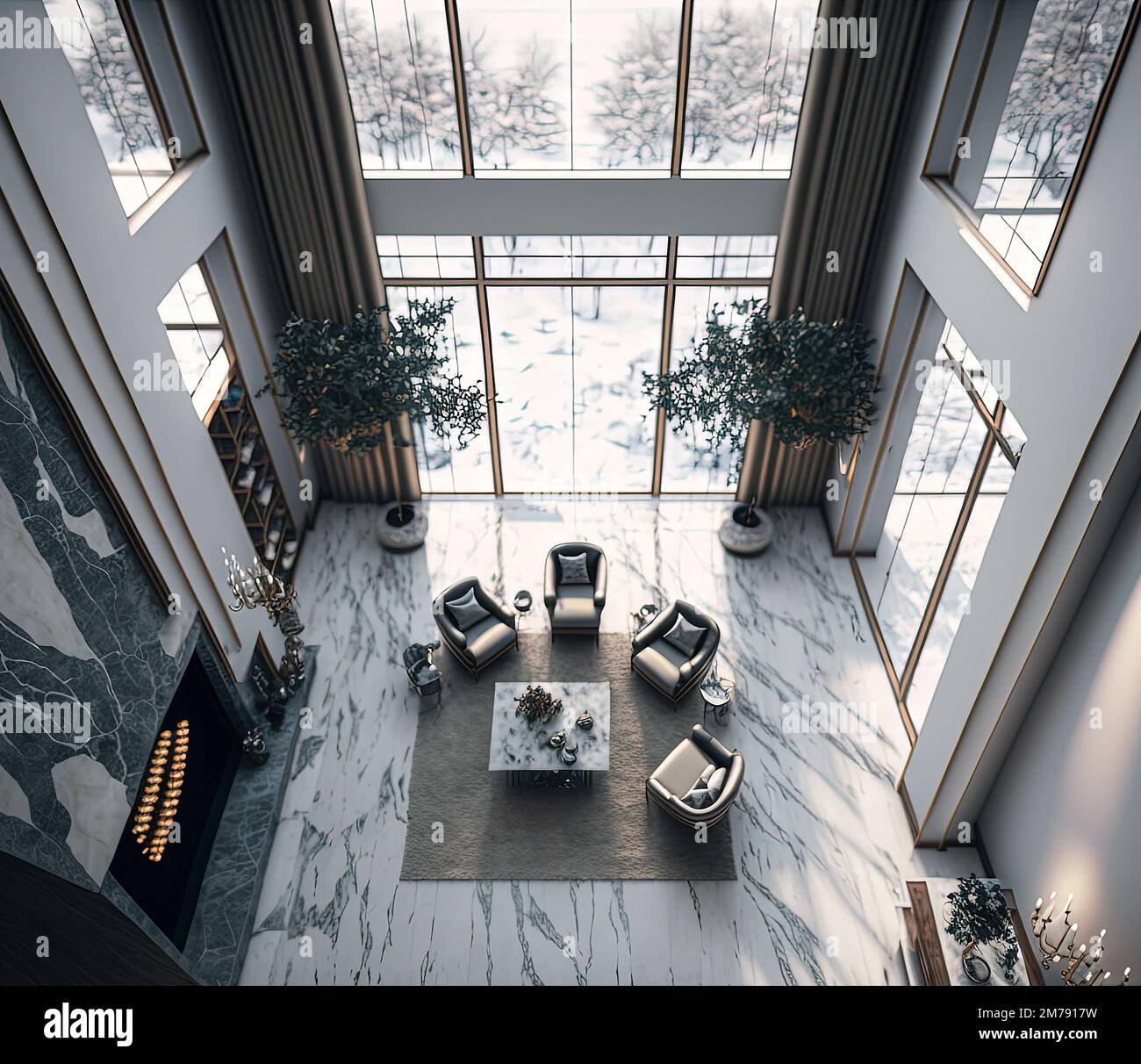 Vista superior diseño interior de lujoso apartamento con piso de mármol, techos altos y ventanas de vidrio. Concepto art deco. Foto de stock