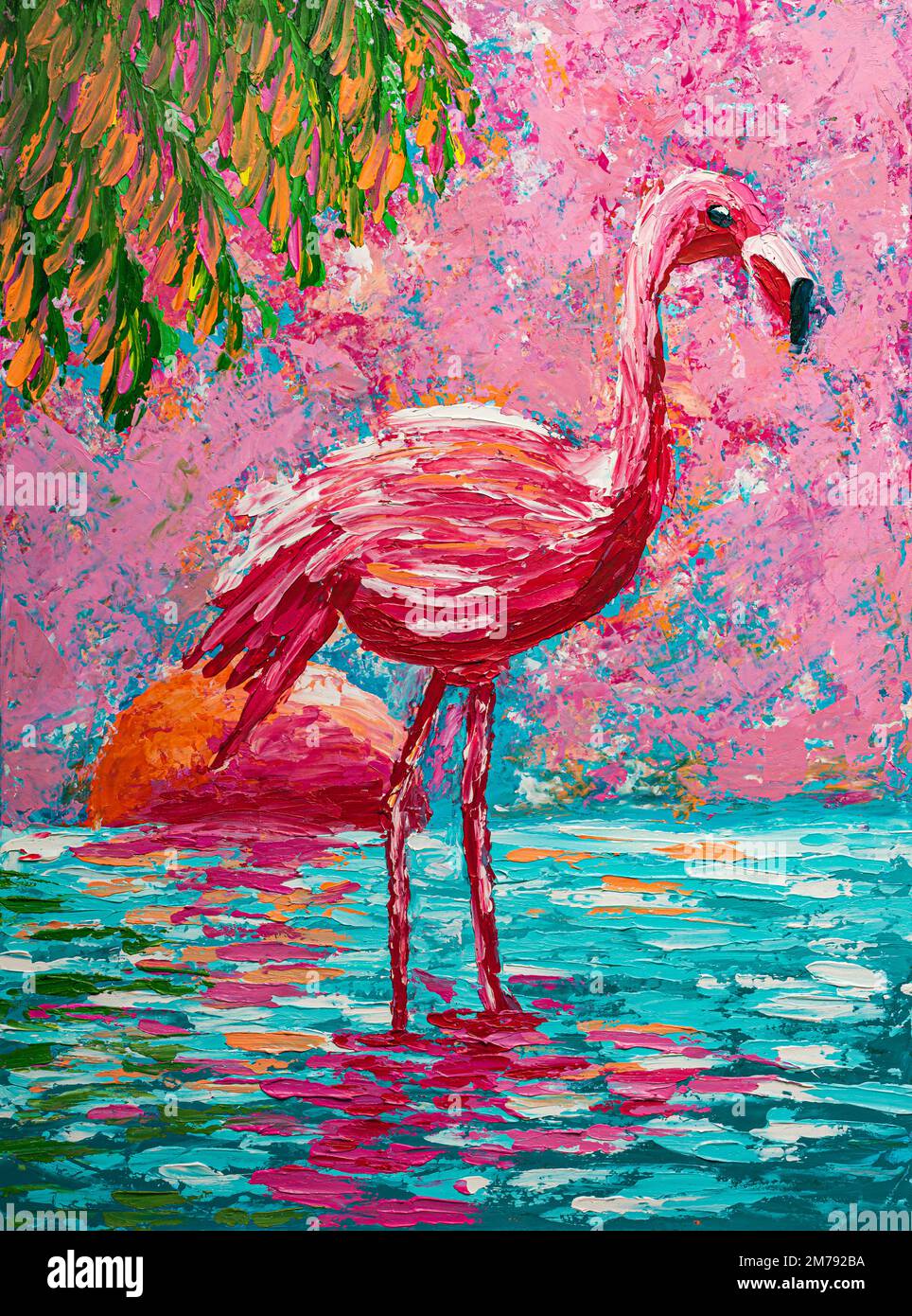 Flamingo al atardecer. Pintura al óleo Fotografía de stock - Alamy