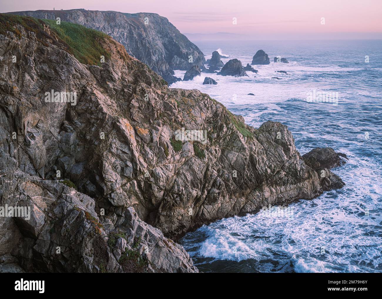 Bodega Bay, acantilados escarpados y atrevidos; puesta de sol rosada brumosa, océano pacífico, California Foto de stock