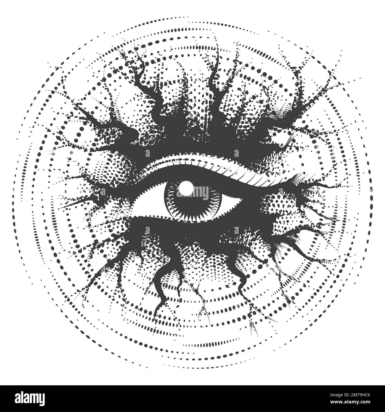 Tatuaje de Black Look Evil Eye Monochrome Tattoo aislado en blanco. Ilustración vectorial. Ilustración del Vector
