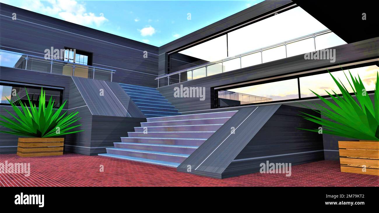 Elegante escalera amplia con escalones de metal en el patio de la vivienda moderna terminada con material compuesto innovador. renderizado 3d. Foto de stock