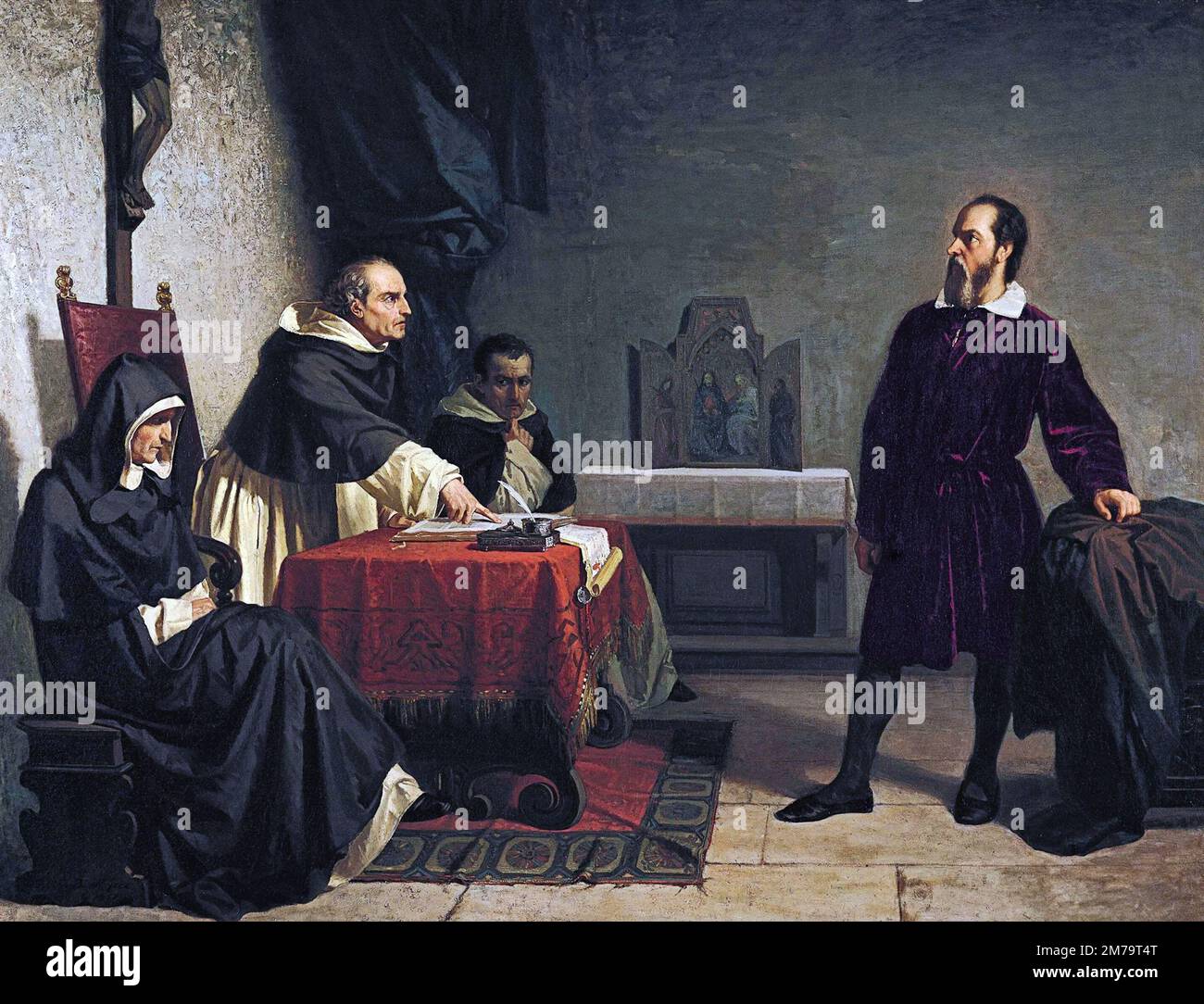 Galileo frente a la Inquisición Romana, 1857, pintura de Cristiano Banti Foto de stock