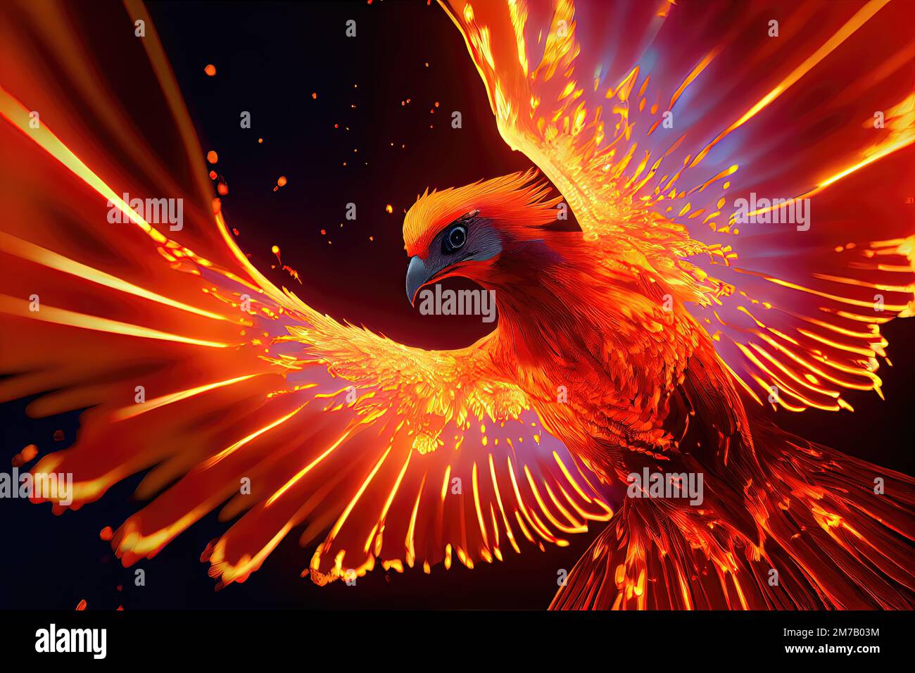 Ardiente Phoenix Bird - Este pájaro ardiente tiene un plumaje naranja y rojo-naranja caliente con cabeza y pico majestuosos y majestuosos. IA generativa con sombreado 3D para Foto de stock