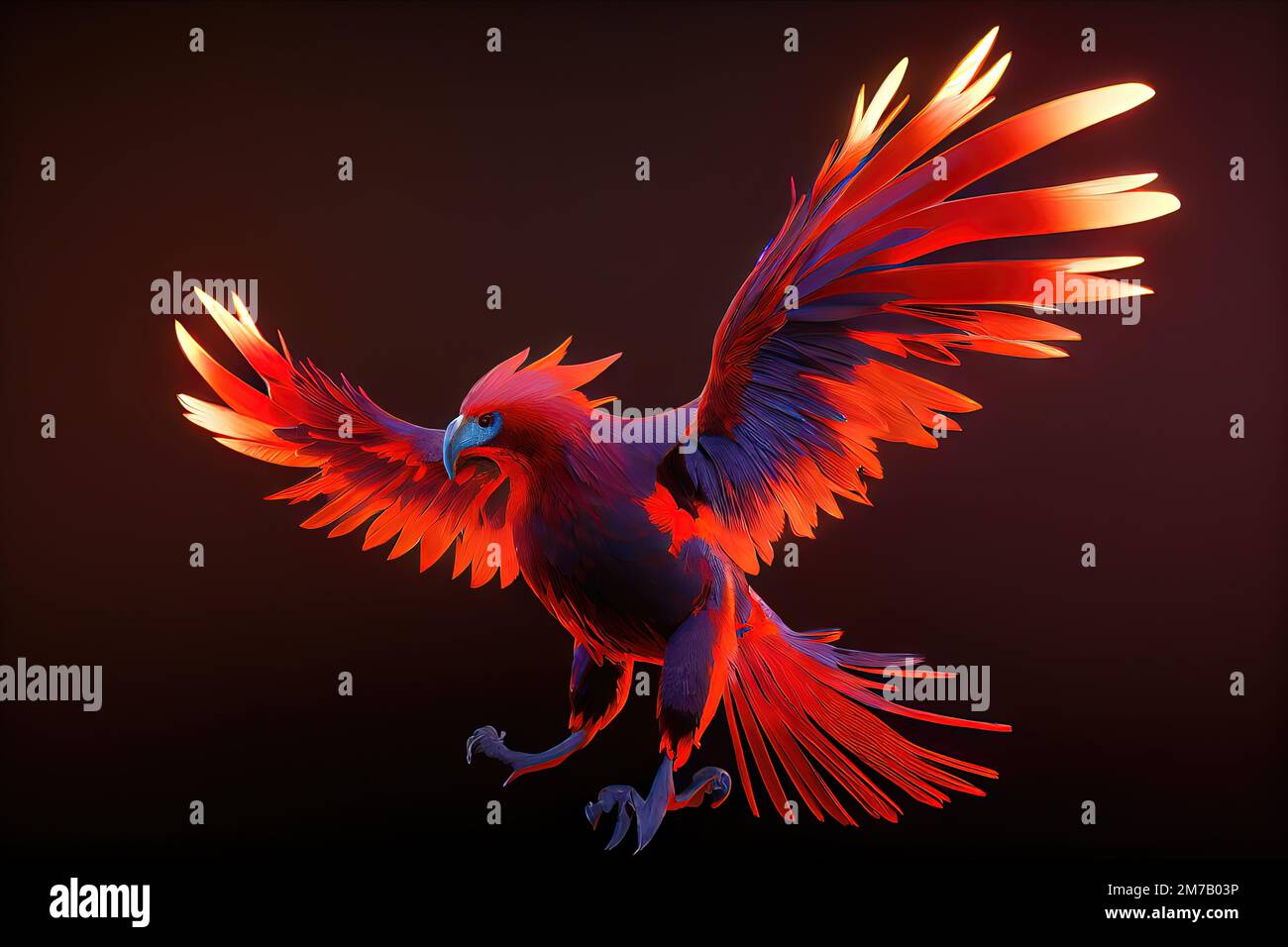 Ardiente Phoenix Bird - Este pájaro ardiente tiene un plumaje naranja y rojo-naranja caliente con cabeza y pico majestuosos y majestuosos. IA generativa con sombreado 3D para Foto de stock