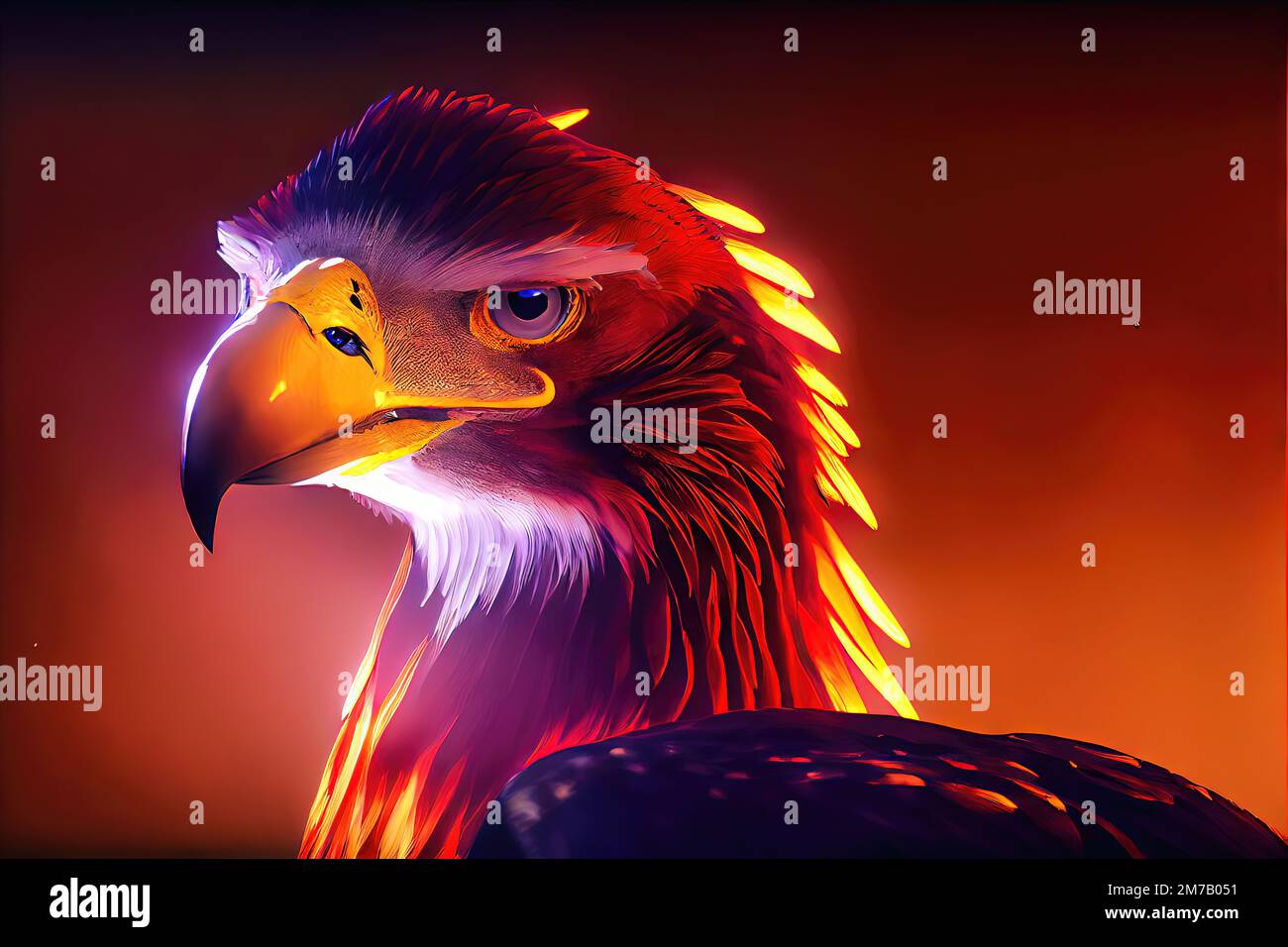 Ardiente Phoenix Bird - Este pájaro ardiente tiene un plumaje naranja y rojo-naranja caliente con cabeza y pico majestuosos y majestuosos. IA generativa con sombreado 3D para Foto de stock