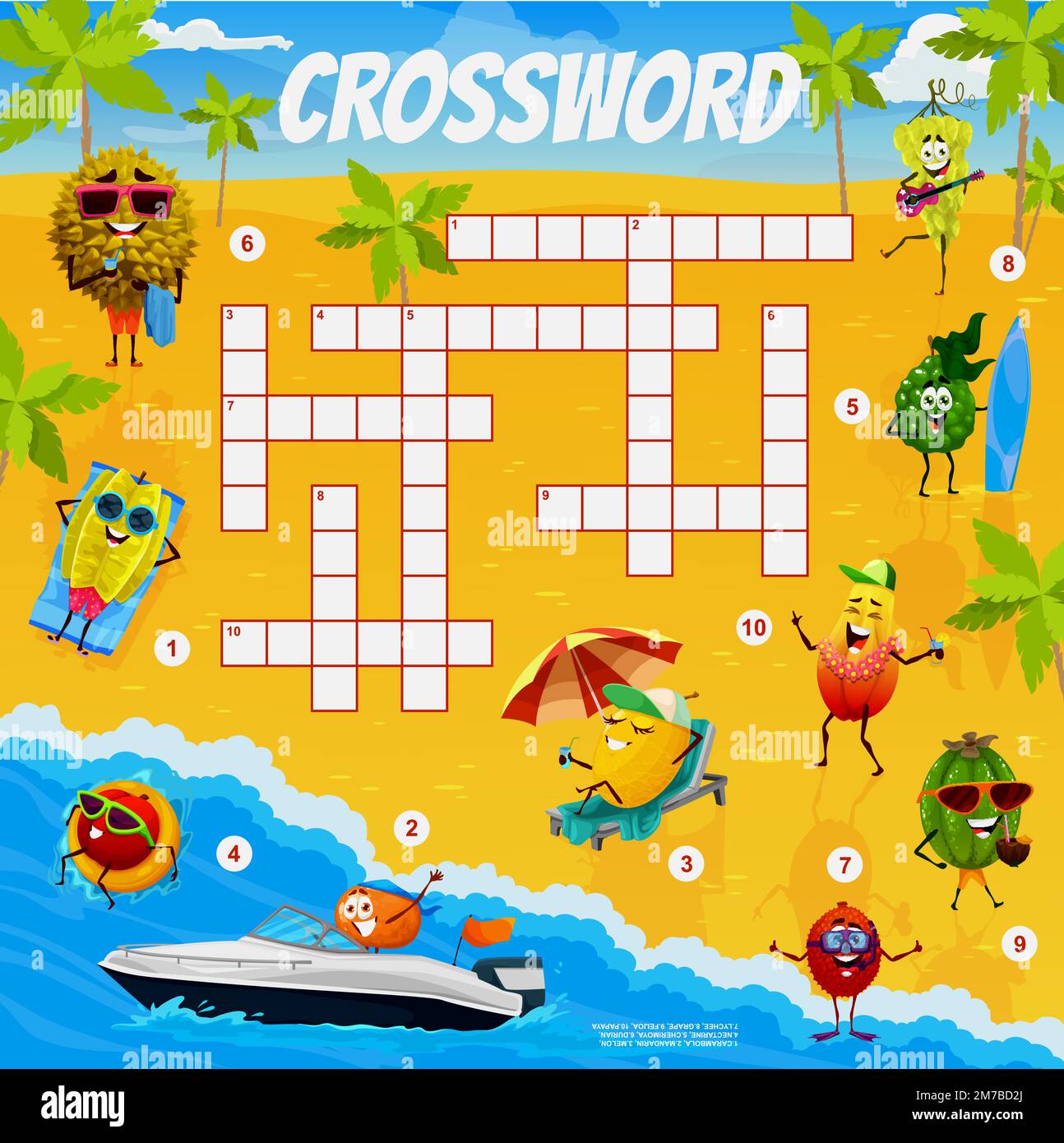 Personajes de frutas de dibujos animados en la playa de verano, juego