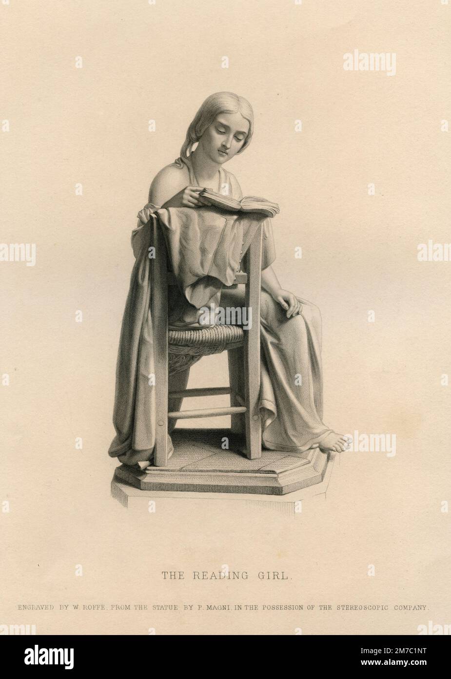 La chica de la lectura, grabado por E. Roffe de la estatua de P. Magni, Reino Unido 1850 Foto de stock