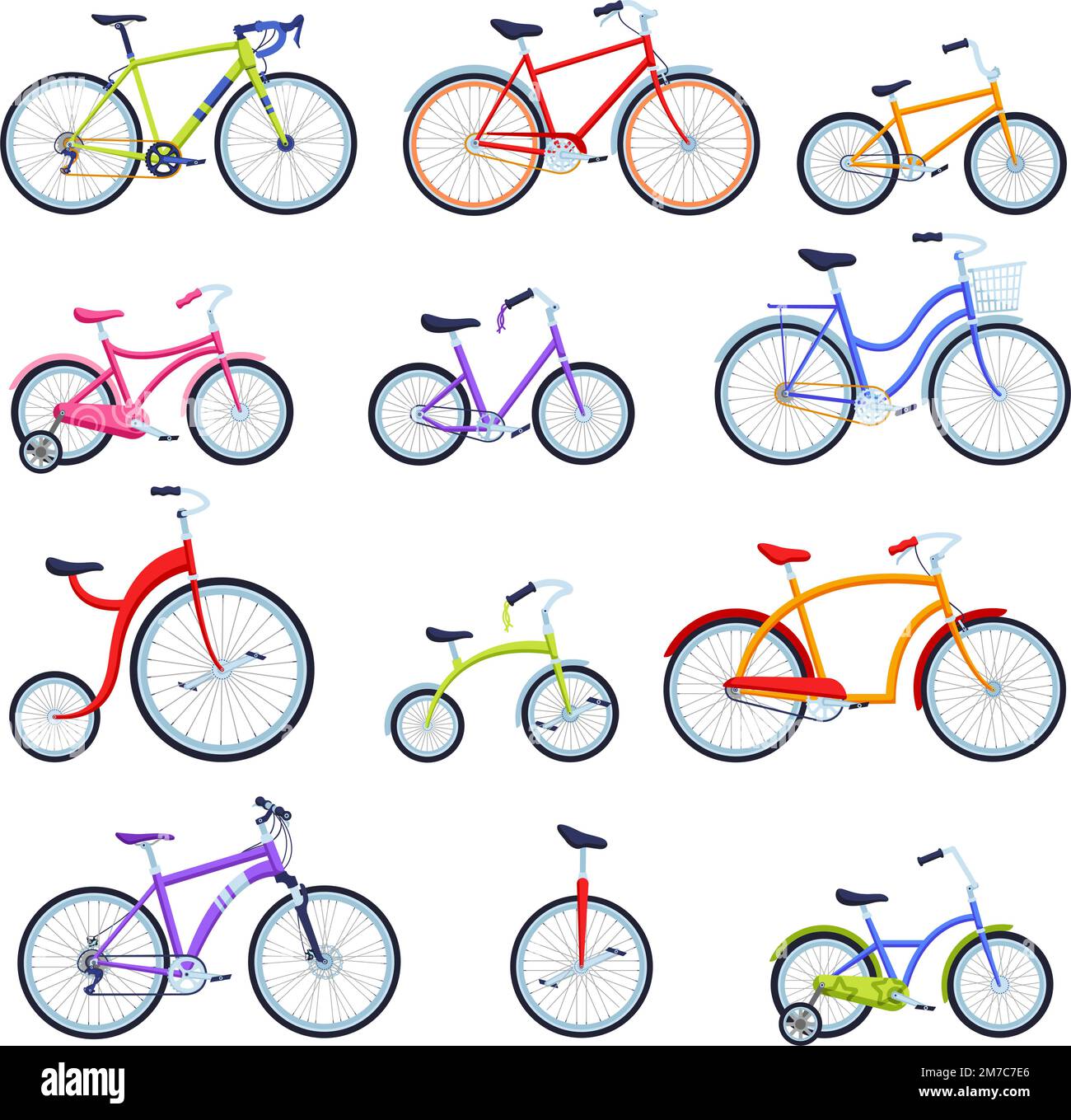 Bicicletas de dibujos animados. Diferentes tipos de bicicletas para niños y  adultos, bicicleta de ciudad, bicicleta deportiva y conjunto de vectores de  monociclo Imagen Vector de stock - Alamy