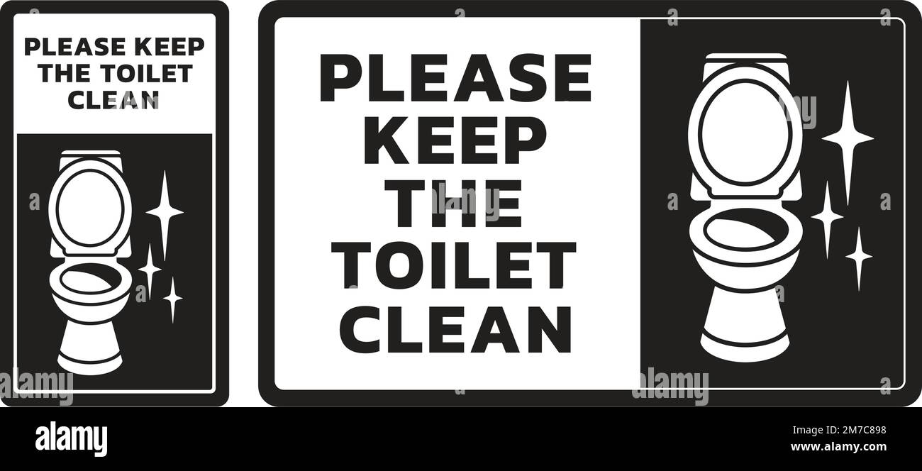 Por favor, mantenga el letrero de baño limpio. Etiqueta de recordatorio de limpieza de baño, inodoro brillante y plantilla de vector de placa de información de WC de limpieza Ilustración del Vector