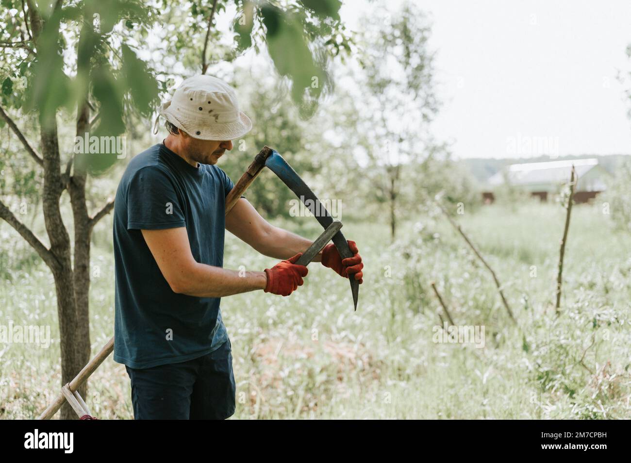 cortar la hierba tradicional a la antigua manera con la guadaña de la mano  en la granja del pueblo del hogar. hombre agricultor maduro joven afilando  la guadaña con hierba o whe