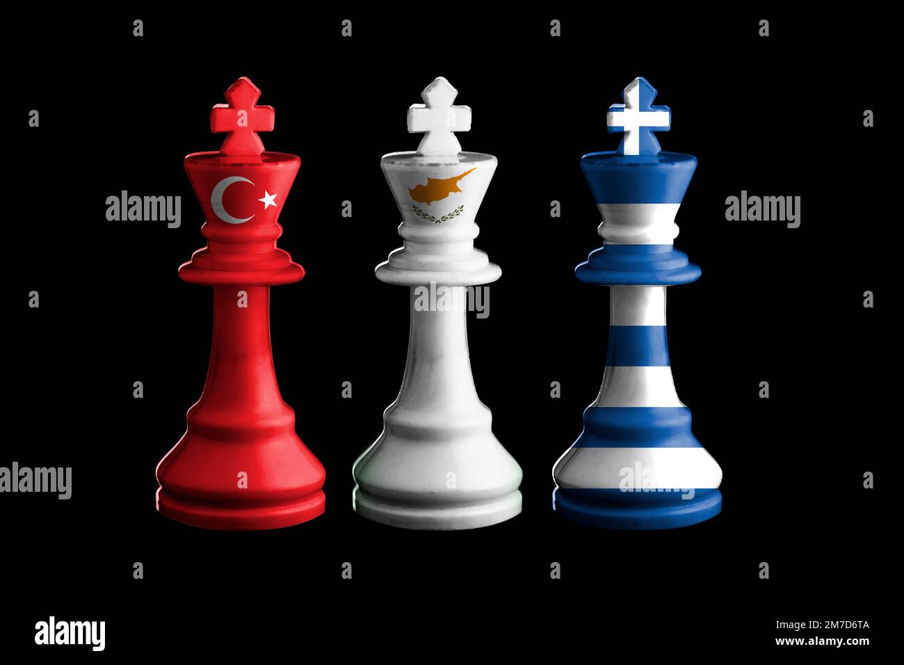 Las banderas de turquía, grecia y Chipre pintan sobre el rey del ajedrez. 3D ilustración. Foto de stock
