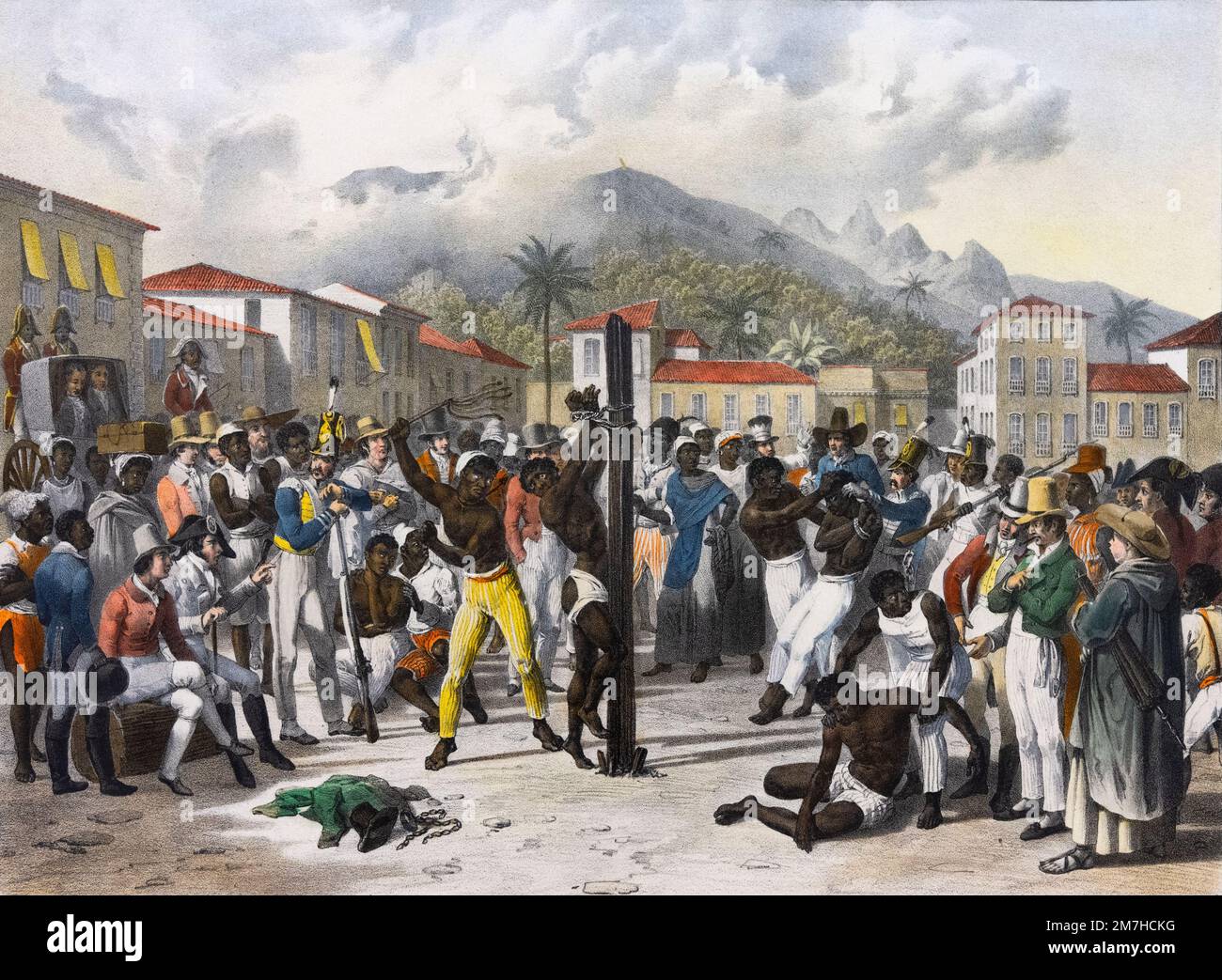 Una ilustración de la flagelación pública de un esclavo en el Brasil del siglo 19th, por Johann Moritz Rugendas Foto de stock