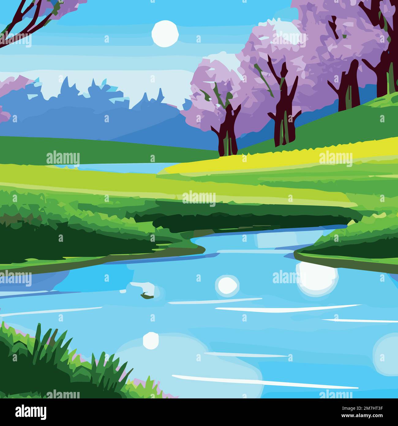 Paisaje de primavera con bosques, río, montaña, sol, cielo azul y nubes, naturaleza rural en primavera con tierra con hierba salvaje. Vector sobre fondo de primavera. en estilo plano de dibujos animados Paisaje de primavera con bosques, río, montaña, sol, cielo azul y nubes, naturaleza rural en primavera con tierra con hierba salvaje. Vector sobre fondo de primavera. en estilo plano de dibujos animados