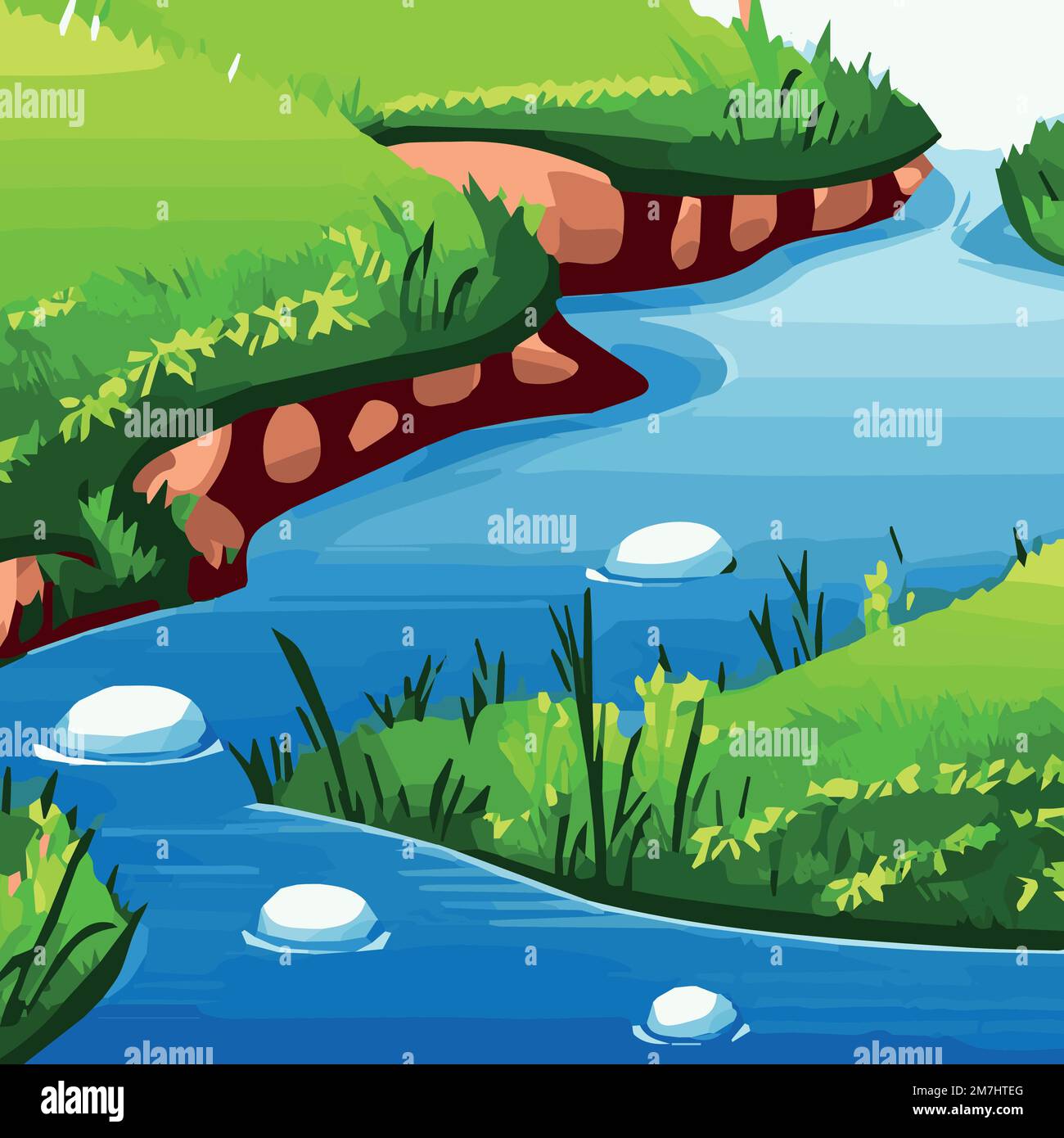 Paisaje de primavera con bosques, río, montaña, sol, cielo azul y nubes, naturaleza rural en primavera con tierra con hierba salvaje. Vector sobre fondo de primavera. en estilo plano de dibujos animados Paisaje de primavera con bosques, río, montaña, sol, cielo azul y nubes, naturaleza rural en primavera con tierra con hierba salvaje. Vector sobre fondo de primavera. en estilo plano de dibujos animados