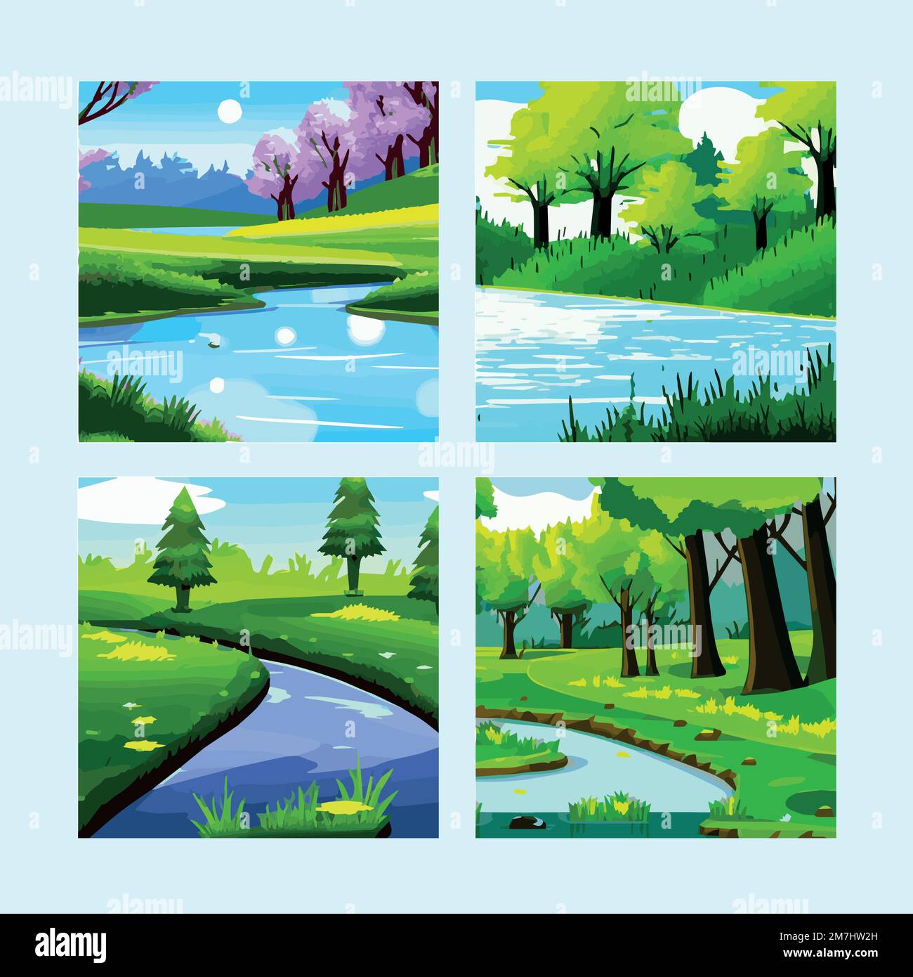 Paisaje de primavera con bosques, río, montaña, sol, cielo azul y nubes, naturaleza rural en primavera con tierra con hierba salvaje. Vector sobre fondo de primavera. en estilo plano de dibujos animados Paisaje de primavera con bosques, río, montaña, sol, cielo azul y nubes, naturaleza rural en primavera con tierra con hierba salvaje. Vector sobre fondo de primavera. en estilo plano de dibujos animados