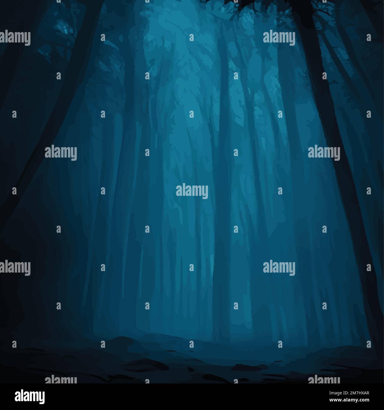 Siluetas de árboles en un bosque nocturno oscuro con un tinte de