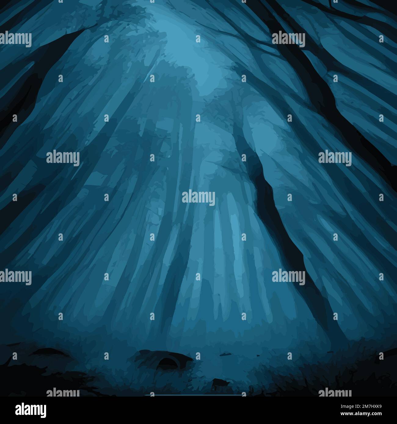 Siluetas de árboles en un bosque nocturno oscuro con un tinte de