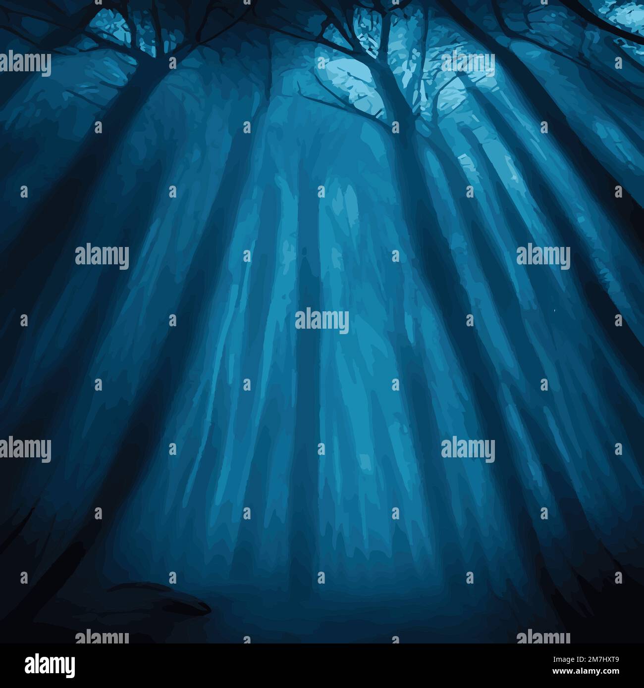 Siluetas de árboles en un bosque nocturno oscuro con un tinte de