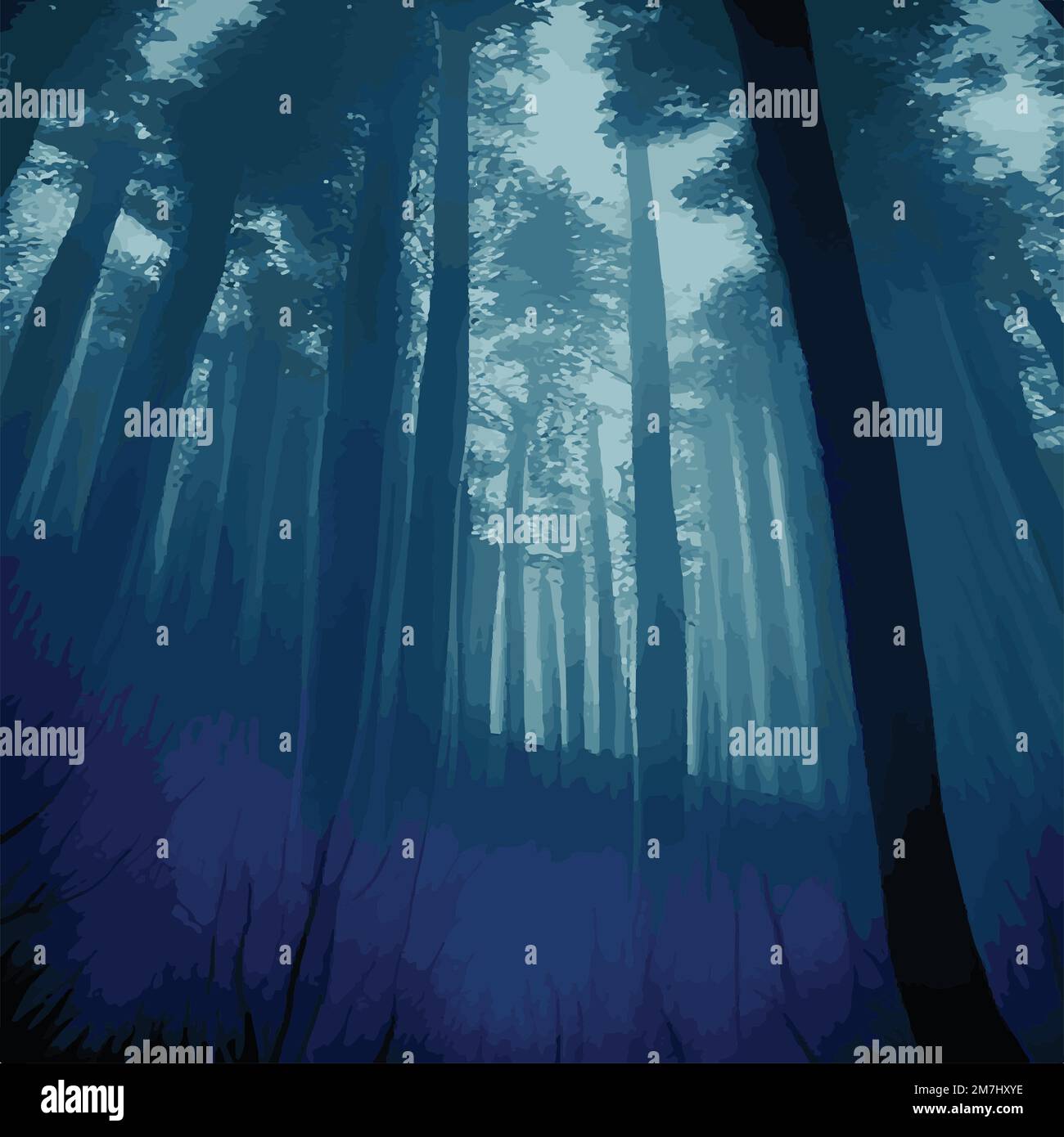 Siluetas de árboles en un bosque nocturno oscuro con un tinte de