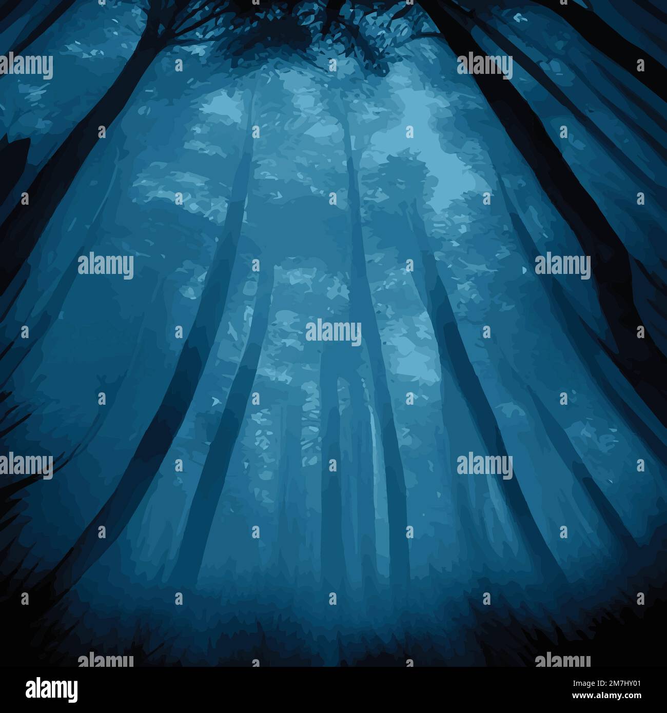 Siluetas de árboles en un bosque nocturno oscuro con un tinte de