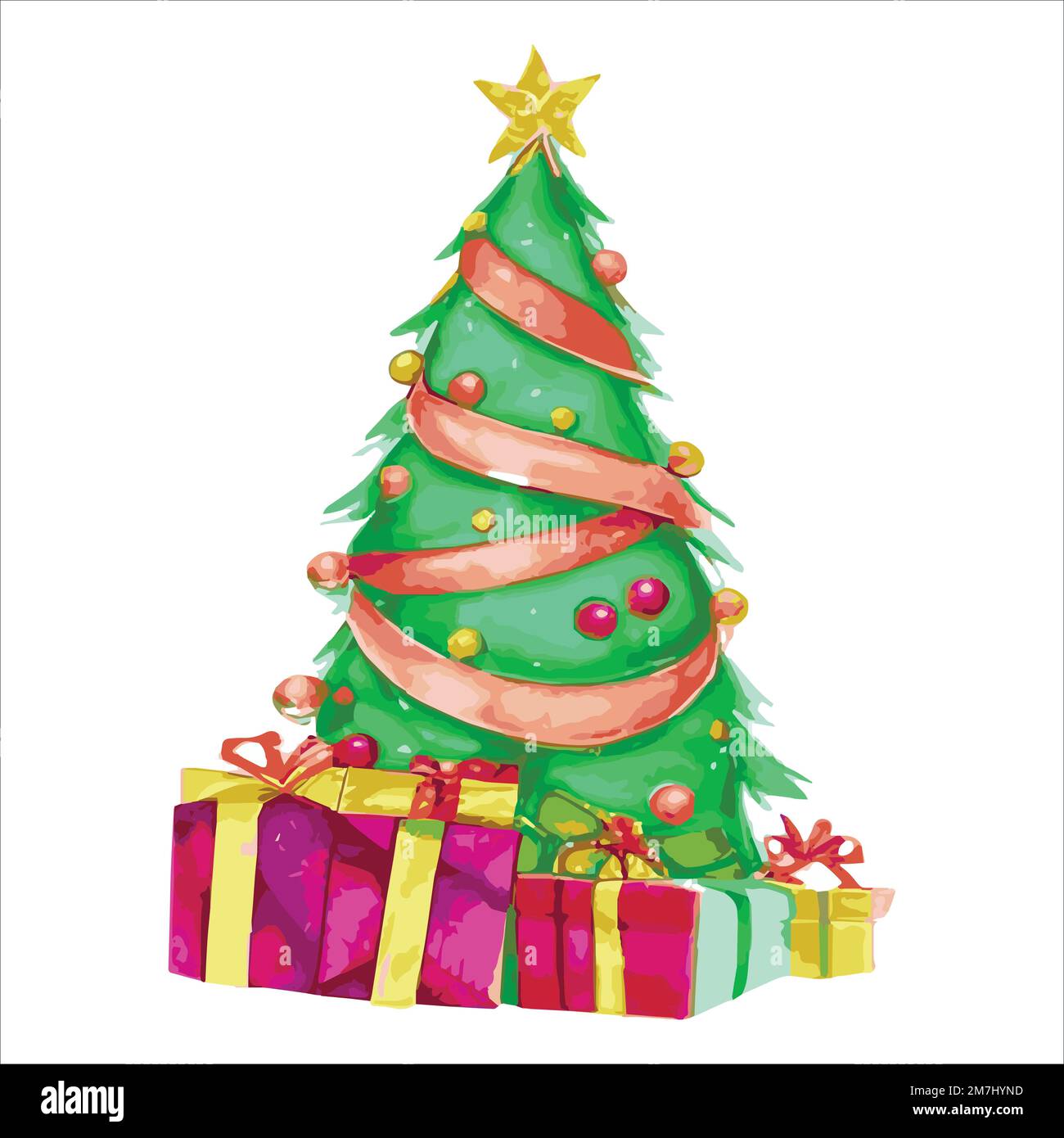 Árbol de Navidad de cuento de hadas con una variedad de decoraciones sobre  un fondo blanco. ilustración aislada sobre fondo blanco. Árbol de Navidad  vintage con decoraciones de Navidad Imagen Vector de
