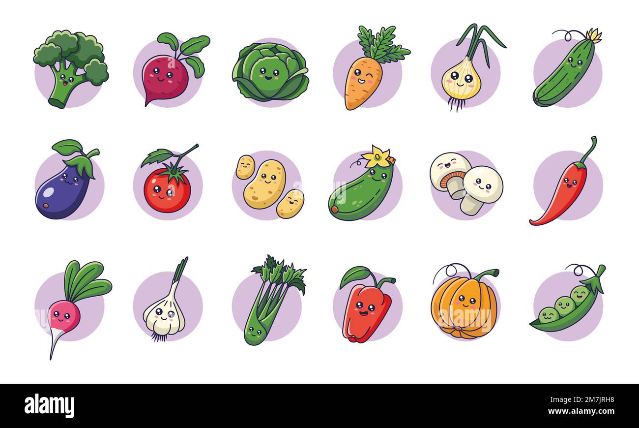 Verduras kawaii lindas en estilo de dibujos animados. Colección de  personajes de verduras. Iconos de Veggies, pegatinas, mascotas Imagen  Vector de stock - Alamy
