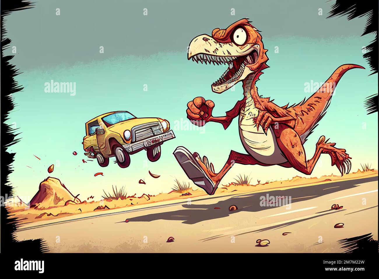 raptor divertido rápido es perseguido por un coche, ilustraciones de estilo  de dibujos animados Fotografía de stock - Alamy