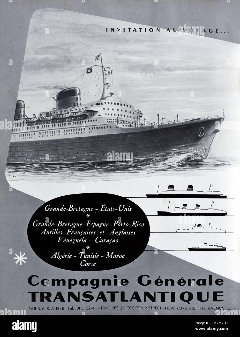 Vintage o antiguo anuncio, publicidad, publicidad o ilustración para Compagnie Generale Transatlantique o Transatlantic Liner o Shipping Company 1956 Foto de stock