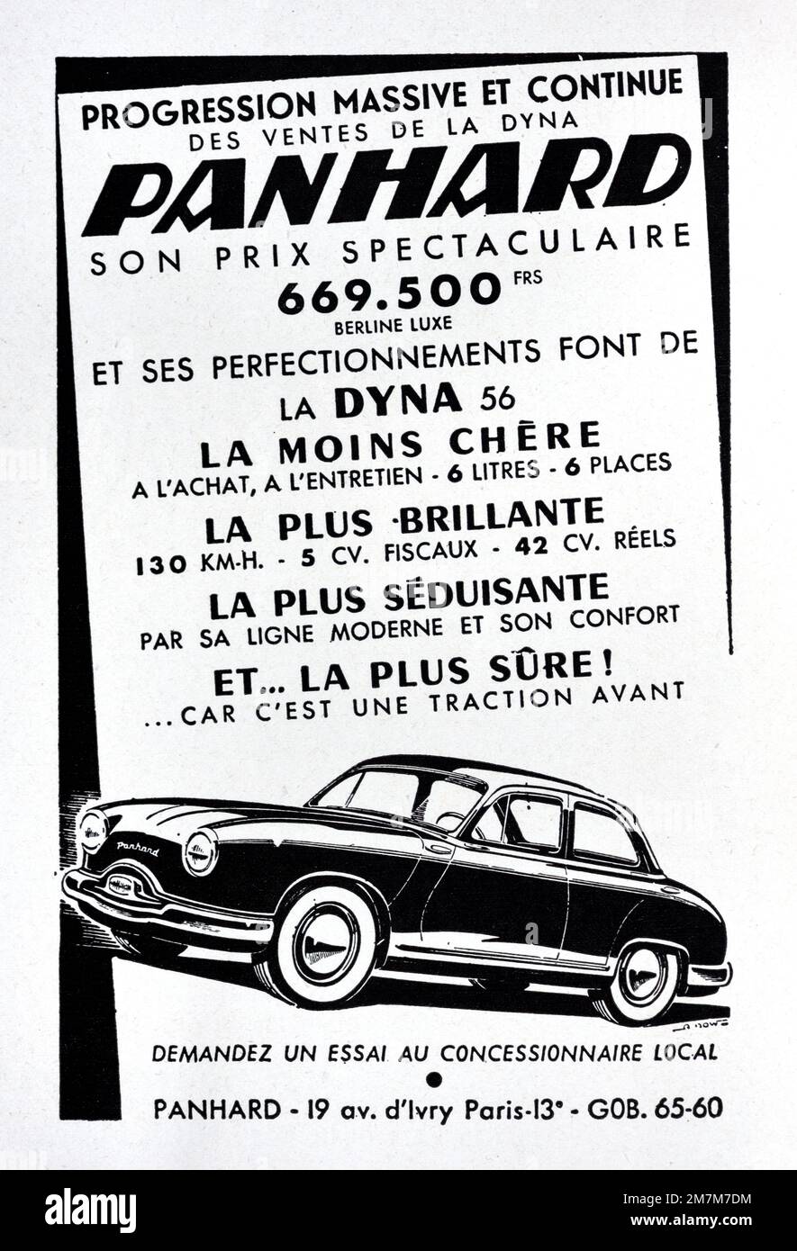Vintage o antiguo anuncio, anuncio, publicidad o ilustración para Panhard Dyna 56 coche o automóvil 1956 Foto de stock