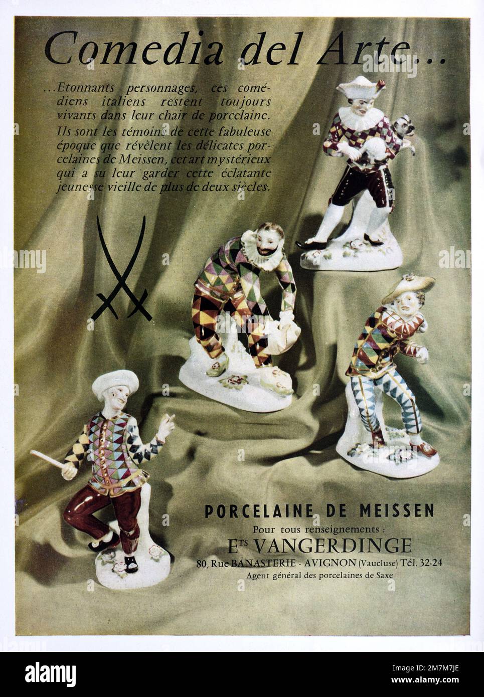 Vintage o antiguo anuncio, publicidad o ilustración para porcelana de Meissen o Meissen China con Commedia dell'Arte o Comedia del Arte figuras o figuras 1956 Foto de stock
