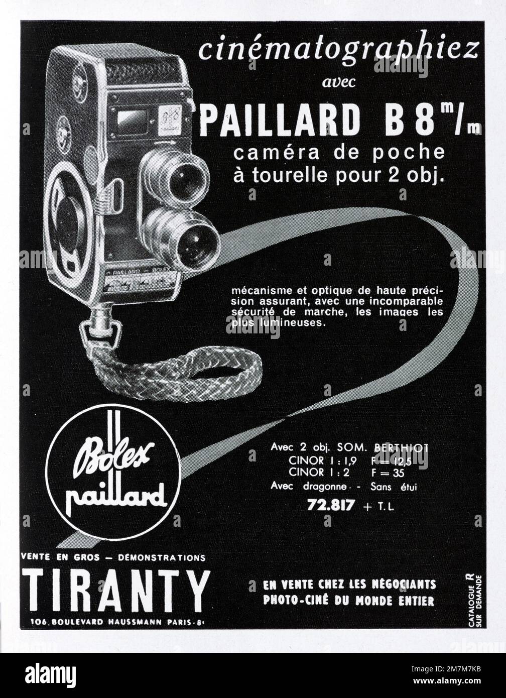 Vintage o antiguo anuncio, publicidad, publicidad o ilustración para Vintage Paillard Bolex B8 anuncio de la cámara 1956. El modelo fue lanzado en 1952. Foto de stock