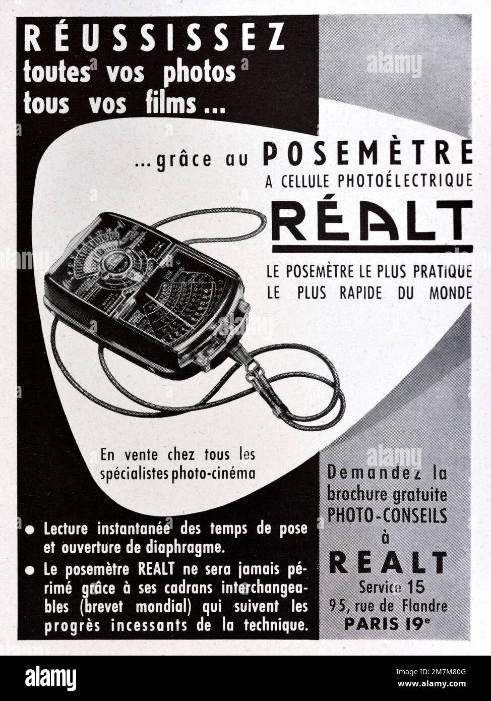 Vintage o antiguo anuncio, anuncio, publicidad o ilustración para Vintage Realt Light Meter anuncio 1956. Foto de stock