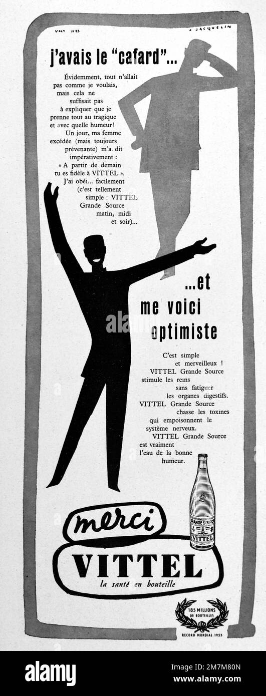 Vintage o antiguo anuncio, publicidad, publicidad o ilustración para una botella de agua mineral Vittel o agua embotellada 1956 Foto de stock