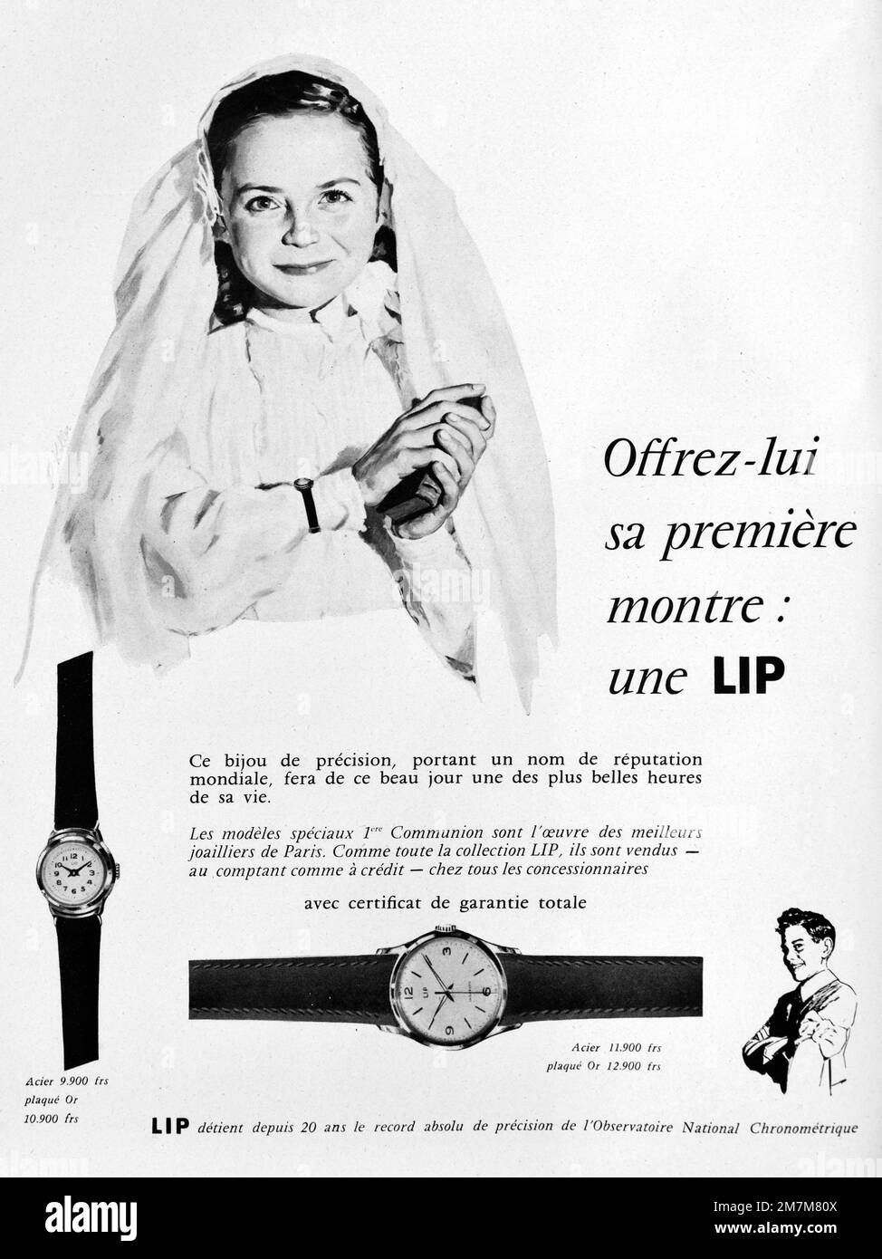 Vintage o antiguo anuncio, publicidad, publicidad o ilustración para reloj labial femenino o relojes anuncio 1956. Ilustrado con la imagen de una niña que lleva un vestido de primera comunión o un vestido de confirmación Foto de stock