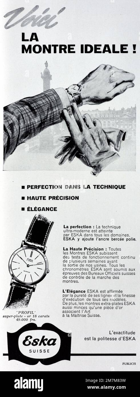 Vintage o antiguo anuncio, publicidad, publicidad o ilustración para Eska reloj o relojes anuncio 1956 Foto de stock